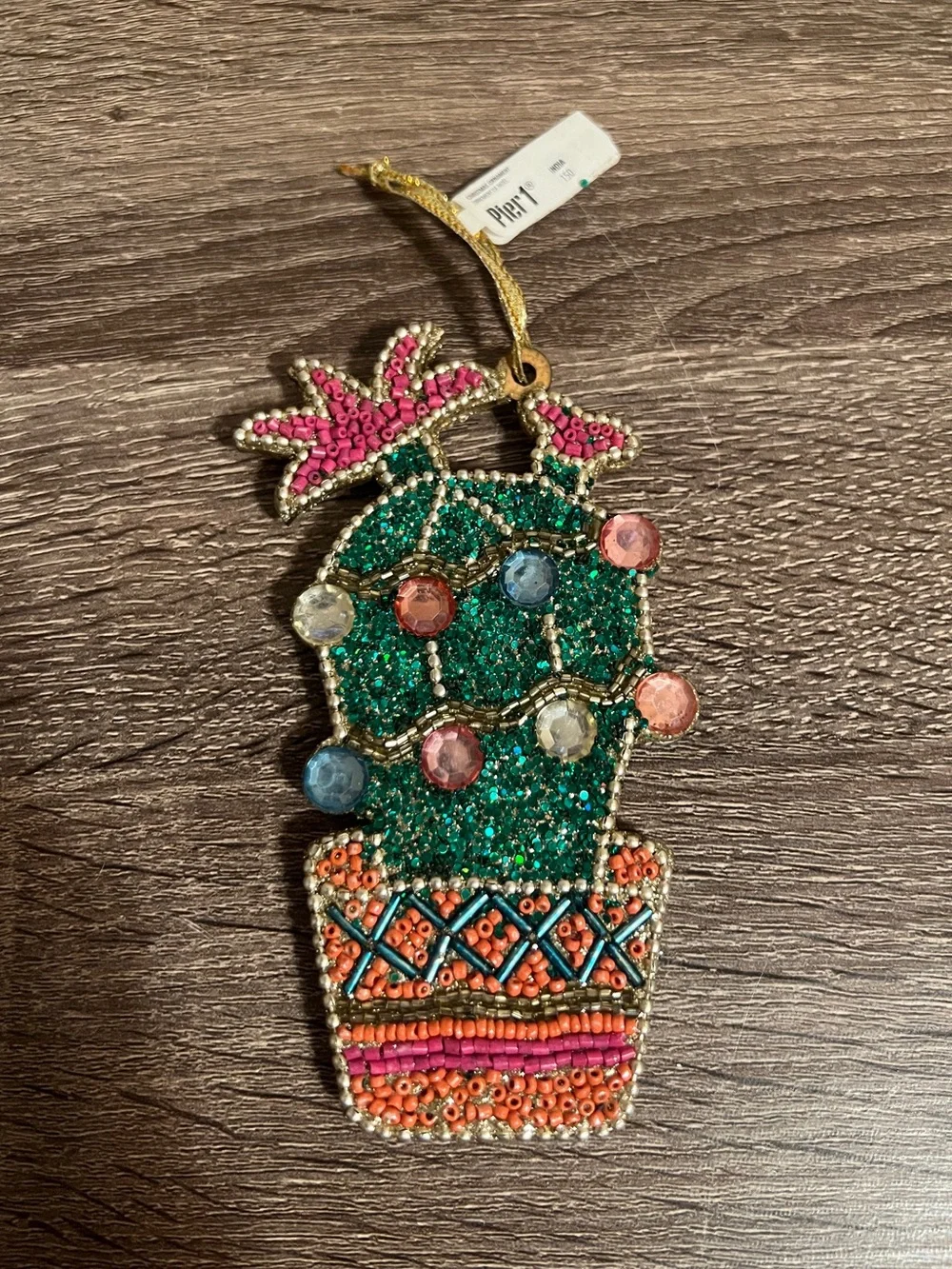 Pier 1 One Cactus Desert Christmas Holiday Ornament Beads Sparkle Green Pink NWT